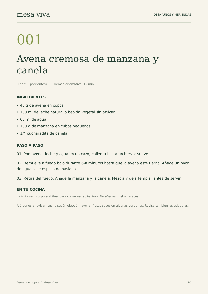 Página real de la receta 001: avena cremosa de manzana y canela